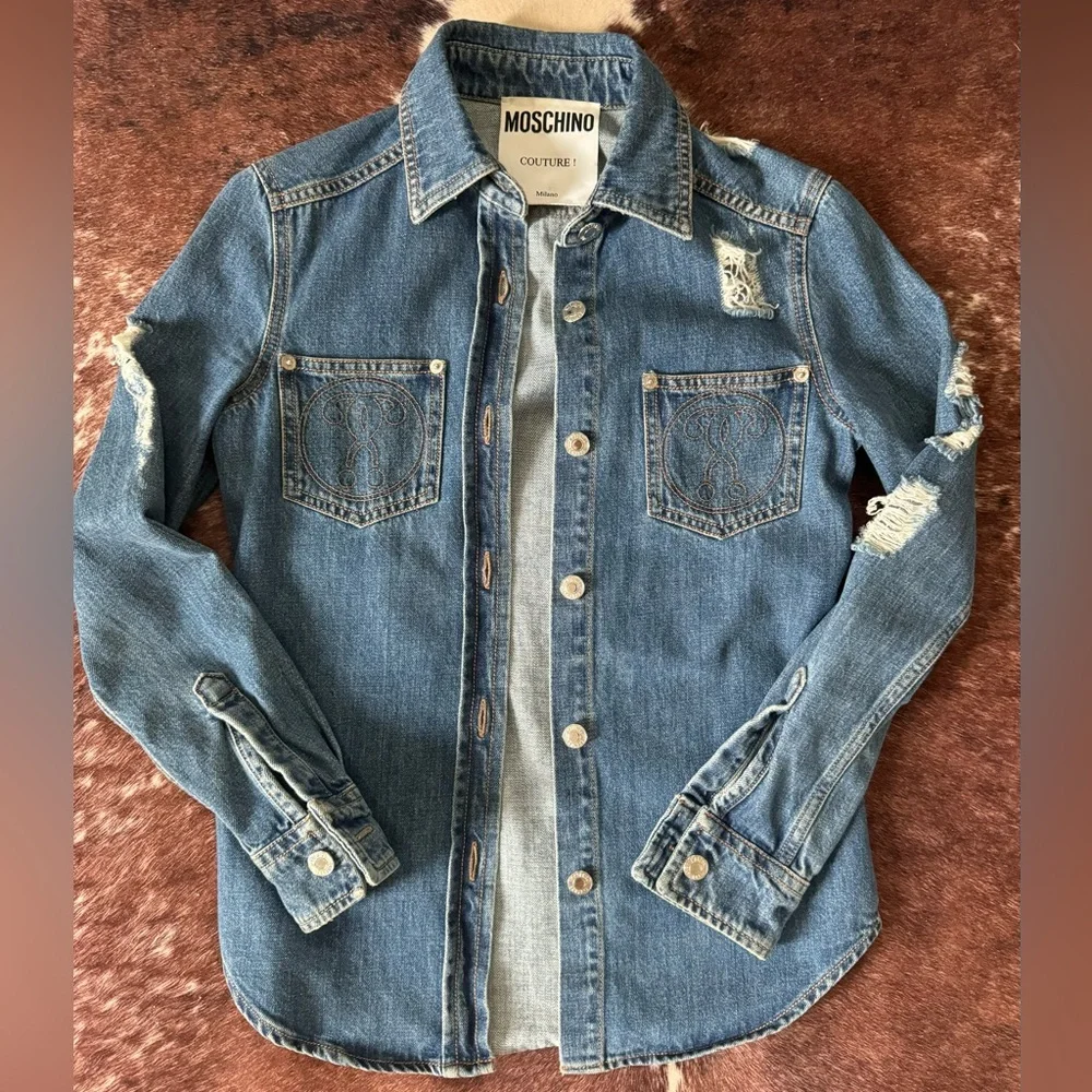 EUC Moschino Couture Distressed Denim Jean Shirt Jacket Size 2 X small Italy